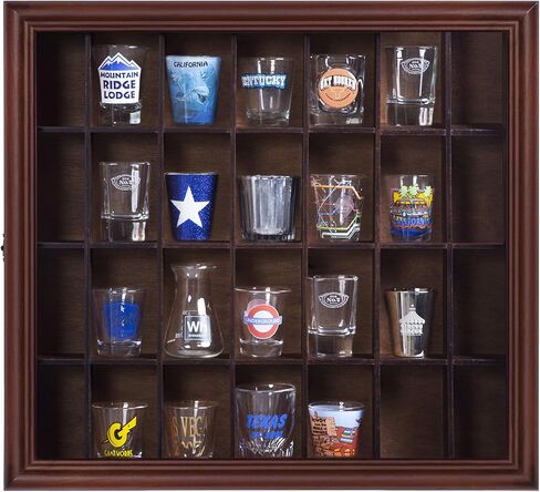 Gallery Solutions - 18x16 Shot Glass Collection - Walnut Collectable Display Case - Hinged Front - 28 Display Slots for Shot Glasses - Bar, Home, Office Accessories in Saudi Arabia