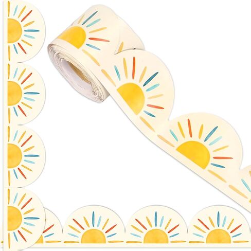Whaline 65.6 Ft Boho Sun Bulletin Board Border Blue Yellow Sunshine Scalloped Die Cut Border Trim Roll for Back to School Summer Party Home Classroom Decor in Kuwait