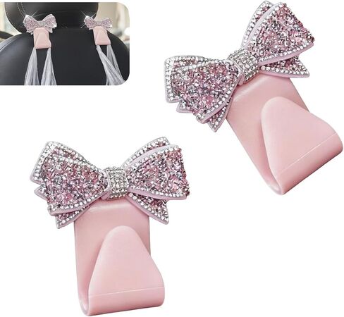 2 PCS Car Bling Seat Headrest Hooks, 3D Butterfly Bow Rhinestone Decoration Hook, Multi-function Storage Hanger for Purses and Bags, Cute Organizer for Car Rear Seat (Pink) in Saudi Arabia