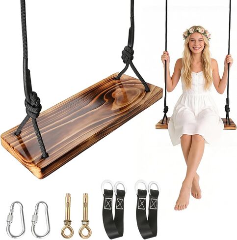 Carbonized Wooden Swing,Aspelve 24"x 8" Hanging Tree Swing with Heavy Duty 500 lbs Load,Wooden Swing Seat with Adjustable Climbing Rope & Tree Straps for Outdoor and Indoor Use(24"x 8") in Saudi Arabia