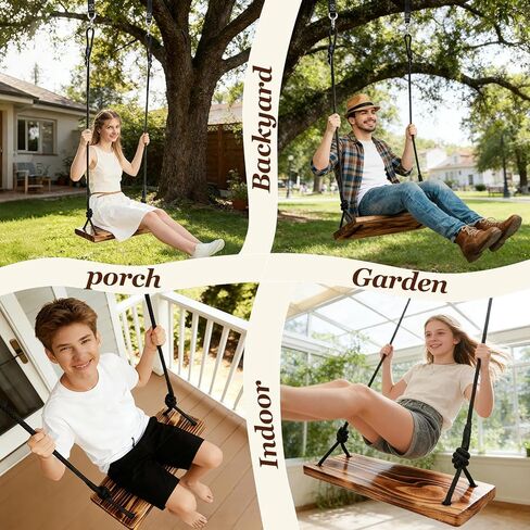 Carbonized Wooden Swing,Aspelve 24"x 8" Hanging Tree Swing with Heavy Duty 500 lbs Load,Wooden Swing Seat with Adjustable Climbing Rope & Tree Straps for Outdoor and Indoor Use(24"x 8") in Saudi Arabia