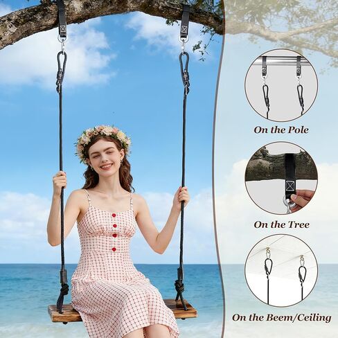 Carbonized Wooden Swing,Aspelve 24"x 8" Hanging Tree Swing with Heavy Duty 500 lbs Load,Wooden Swing Seat with Adjustable Climbing Rope & Tree Straps for Outdoor and Indoor Use(24"x 8") in Saudi Arabia