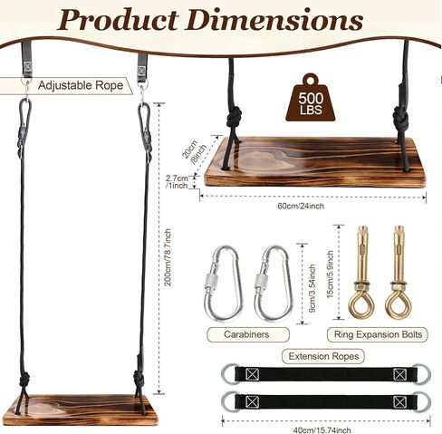 Carbonized Wooden Swing,Aspelve 24"x 8" Hanging Tree Swing with Heavy Duty 500 lbs Load,Wooden Swing Seat with Adjustable Climbing Rope & Tree Straps for Outdoor and Indoor Use(24"x 8") in Saudi Arabia