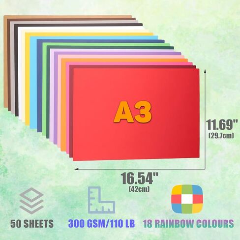50 Sheets A3 Colored Cardstock 300 GSM/110 LB Thick Construction Paper 11.69" x 16.54" Color Paper for Card Making & Arts Crafts in Saudi Arabia