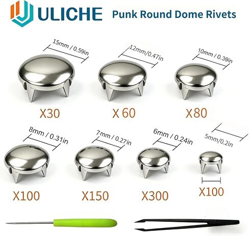 Uliche 820 قطعة طقم برشام فاسق للملابس، 7 مقاسات معدنية ممتازة ذات قبة دائرية ومسامير مدببة للحرف الجلدية على طراز الشرير DIY لتزيين الملابس على طراز الروك وأحزمة وحقائب وأحذية وياقة الكلب in Kuwait