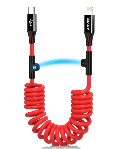 كابل شحن AGVEE قصير ملفوف USB-C إلى Lightning بطول 3 أقدام [معتمد من MFI] سلك شاحن سريع 30 وات PD في السيارة لهاتف iPhone 14/13/12/11/XS/8/7/6/5 CarPlay، iPad، iPod، أحمر in Saudi Arabia