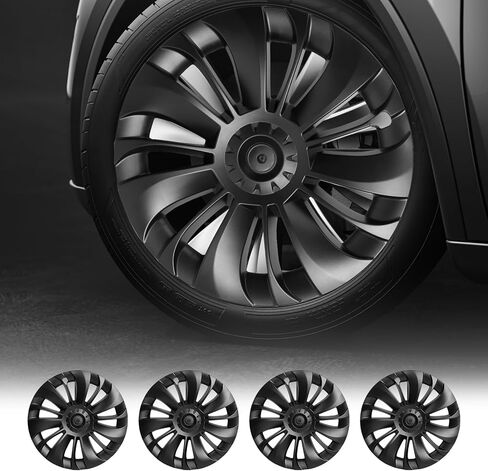 أغطية العجلات متوافقة مع طراز Tesla Model Y (Juniper) 2025-2026، أغطية محورية مقاس 19 بوصة - نمط VortexEdge B، أسود غير لامع، مع أغطية مركزية فارغة، تركيب سهل بالمشبك، 4 قطع (VortexEdge B) in Kuwait