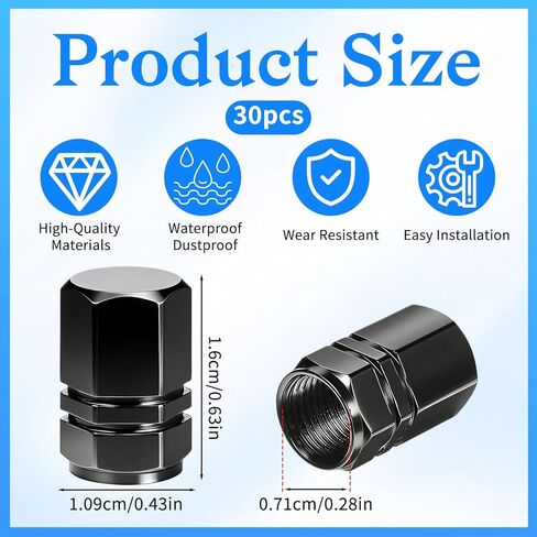 30 PCS Air Caps Cover, Tire Valve Stem Caps Metal Valve Stems Cap Universal Dustproof Stem Covers with Sealing Ring Black Anodized Aluminum for Cars, Trucks, Suvs, Motorcycles and Bikes in Kuwait