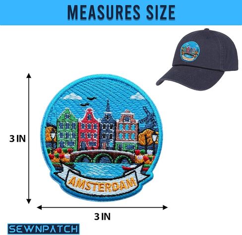 Amsterdam Netherlands Patch for Backpacks Hats Jeans Bags, Size 3" Iron On or Sew On Patches, Europe Souvenir Embroidery Patches Appliques for Clothes, Aesthetic Travel Patch for Travel Lovers in Saudi Arabia