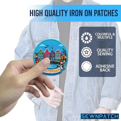 Amsterdam Netherlands Patch for Backpacks Hats Jeans Bags, Size 3" Iron On or Sew On Patches, Europe Souvenir Embroidery Patches Appliques for Clothes, Aesthetic Travel Patch for Travel Lovers in Saudi Arabia