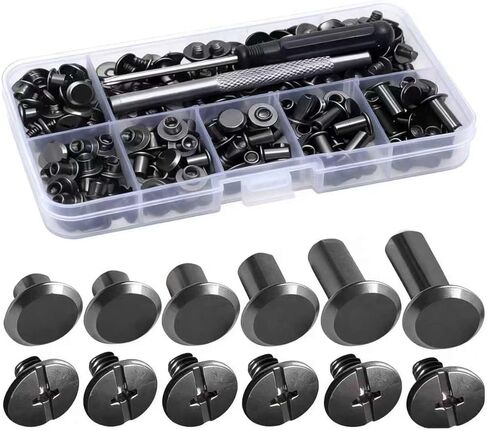 Chicago Screws Assorted Kit with 2 Installation Tools, 110 Sets Black Leather Rivets for DIY Leather Craft, Belts, Bags, Bookbinding, 6 Sizes M5 x 4/5/6/8/10/12mm Screw Rivets for Leather in Saudi Arabia