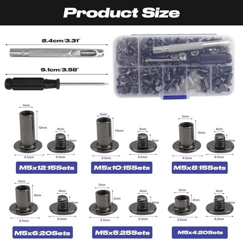 Chicago Screws Assorted Kit with 2 Installation Tools, 110 Sets Black Leather Rivets for DIY Leather Craft, Belts, Bags, Bookbinding, 6 Sizes M5 x 4/5/6/8/10/12mm Screw Rivets for Leather in Saudi Arabia