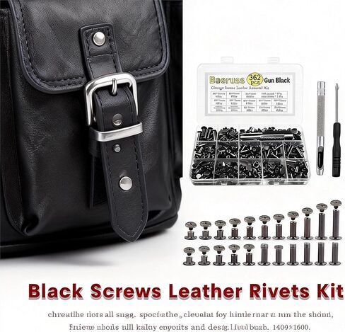 Chicago Screws Assorted Kit with 2 Installation Tools, 110 Sets Black Leather Rivets for DIY Leather Craft, Belts, Bags, Bookbinding, 6 Sizes M5 x 4/5/6/8/10/12mm Screw Rivets for Leather in Saudi Arabia