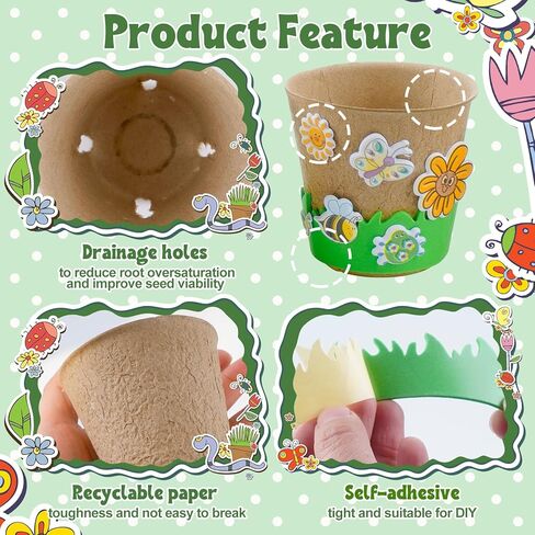 JYNTERPLAY 18 Pack Spring Garden Paper Pot Craft Kit Include 18 Pcs Paper Mache Pots and 108 Pcs Adhesive Foam Stickers Bulk for Kids Flower Planting Growing DIY Painting in Kuwait