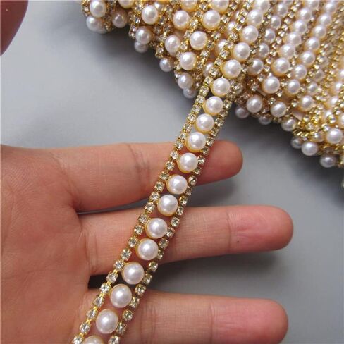 2 Yards Gold Pearl Rhinestone Chain, Crystal Rhinestones Pearl Chain Trim for Crafts Bridal Wedding Dress Decoration in Saudi Arabia