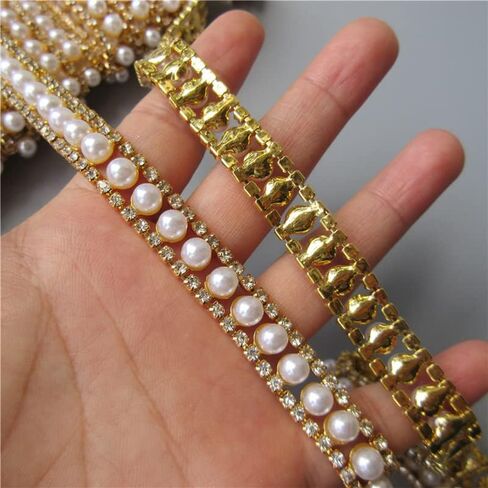 2 Yards Gold Pearl Rhinestone Chain, Crystal Rhinestones Pearl Chain Trim for Crafts Bridal Wedding Dress Decoration in Saudi Arabia