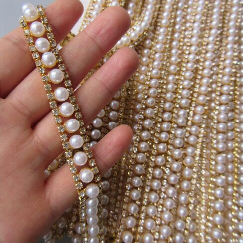 2 Yards Gold Pearl Rhinestone Chain, Crystal Rhinestones Pearl Chain Trim for Crafts Bridal Wedding Dress Decoration in Saudi Arabia