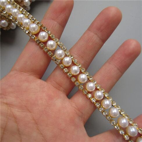 2 Yards Gold Pearl Rhinestone Chain, Crystal Rhinestones Pearl Chain Trim for Crafts Bridal Wedding Dress Decoration in Saudi Arabia