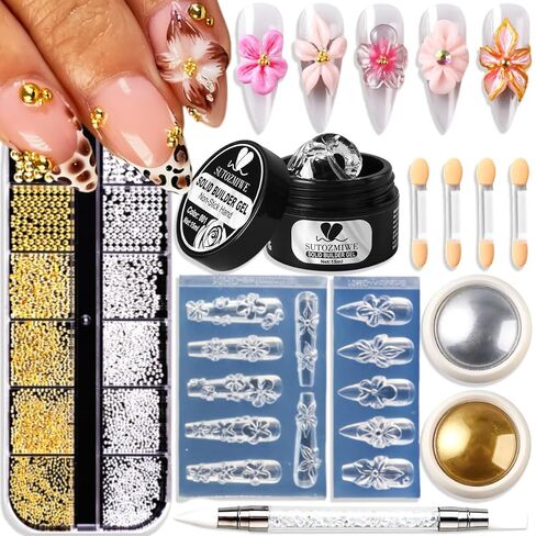 3D Gel Nail Art & Gems Ball - 15g Sculpting Gel for Sculpting Molding, Hibiscus Flowers Cherry Blossom Design, with Chrome Nail Powder and Flowers Silicone Nail Art Molds for Nails Design Beginner in Saudi Arabia