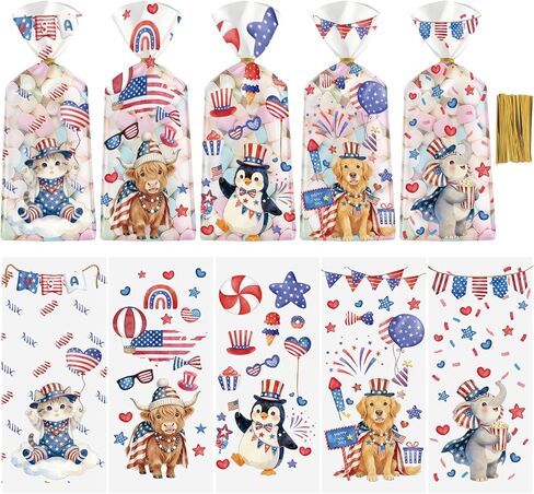 MOIZYNG 100 Pcs 4th of July Treat Bags, Clear Patriotic Plastic Cellophane Bags with Twist Ties, 4 Styles Red White Blue Gift Goodie Candy Party Favor Bags for Independence Day, Memorial Day in Saudi Arabia