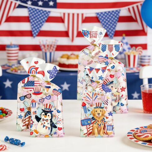 MOIZYNG 100 Pcs 4th of July Treat Bags, Clear Patriotic Plastic Cellophane Bags with Twist Ties, 4 Styles Red White Blue Gift Goodie Candy Party Favor Bags for Independence Day, Memorial Day in Saudi Arabia