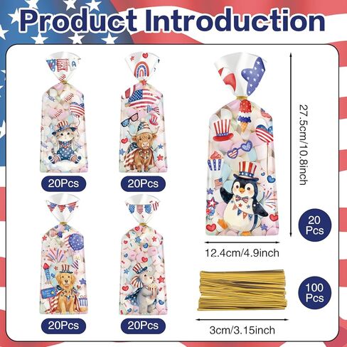 MOIZYNG 100 Pcs 4th of July Treat Bags, Clear Patriotic Plastic Cellophane Bags with Twist Ties, 4 Styles Red White Blue Gift Goodie Candy Party Favor Bags for Independence Day, Memorial Day in Saudi Arabia