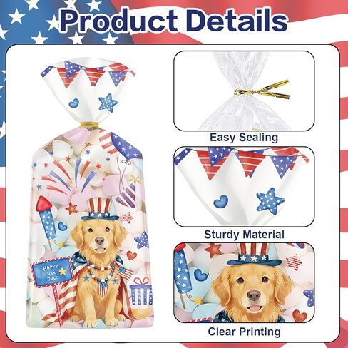 MOIZYNG 100 Pcs 4th of July Treat Bags, Clear Patriotic Plastic Cellophane Bags with Twist Ties, 4 Styles Red White Blue Gift Goodie Candy Party Favor Bags for Independence Day, Memorial Day in Saudi Arabia