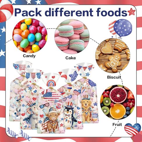 MOIZYNG 100 Pcs 4th of July Treat Bags, Clear Patriotic Plastic Cellophane Bags with Twist Ties, 4 Styles Red White Blue Gift Goodie Candy Party Favor Bags for Independence Day, Memorial Day in Saudi Arabia