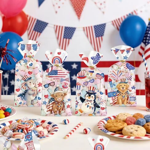 MOIZYNG 100 Pcs 4th of July Treat Bags, Clear Patriotic Plastic Cellophane Bags with Twist Ties, 4 Styles Red White Blue Gift Goodie Candy Party Favor Bags for Independence Day, Memorial Day in Saudi Arabia