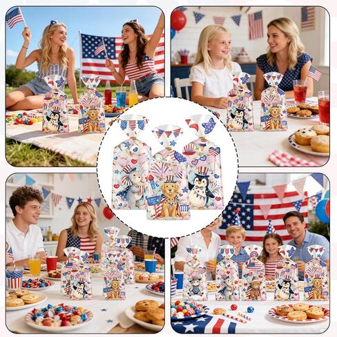 MOIZYNG 100 Pcs 4th of July Treat Bags, Clear Patriotic Plastic Cellophane Bags with Twist Ties, 4 Styles Red White Blue Gift Goodie Candy Party Favor Bags for Independence Day, Memorial Day in Saudi Arabia