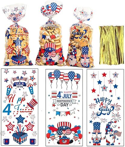 Yowget 105 PCS Patriotic 4th of July Treat Bags,Cellophane Gift Bags for Snacks with 100 Twist Ties for Snacks, Popcorn, Cookies – Independence Day Party Favor Supplies in Saudi Arabia