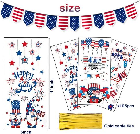 Yowget 105 PCS Patriotic 4th of July Treat Bags,Cellophane Gift Bags for Snacks with 100 Twist Ties for Snacks, Popcorn, Cookies – Independence Day Party Favor Supplies in Saudi Arabia