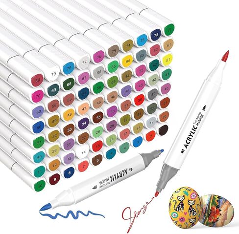 80 Colors Dual Tip Acrylic Paint Markers, Fabric Markers Permanent for Clothes, Paint Markers for Wood, Paint Pens, Acrylic Markers Set, Markers for Adult Coloring Books No Bleeding in Kuwait