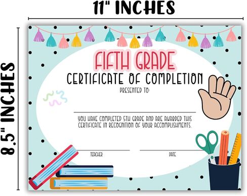 Fifth Grade 5th Certificate of Completion Graduation Diploma 30pk 8.5x11" 90’s Seed Bracelet Checkered Neutral Award Theme Trendy Minimalist in Kuwait