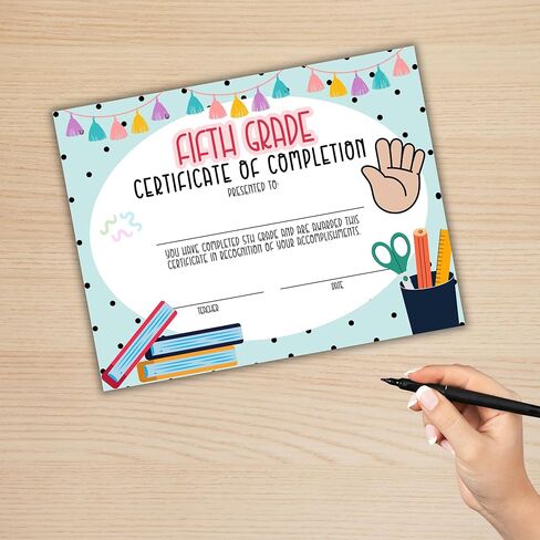 Fifth Grade 5th Certificate of Completion Graduation Diploma 30pk 8.5x11" 90’s Seed Bracelet Checkered Neutral Award Theme Trendy Minimalist in Kuwait