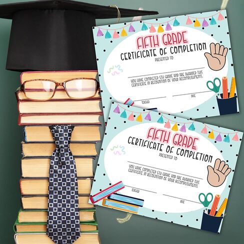 Fifth Grade 5th Certificate of Completion Graduation Diploma 30pk 8.5x11" 90’s Seed Bracelet Checkered Neutral Award Theme Trendy Minimalist in Kuwait