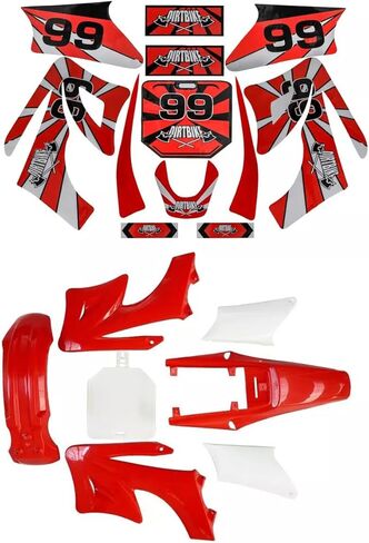 7Pcs Plastic Fairing Kit Fit Apollo Orion 50cc 70cc 90cc 110cc 125cc Pit Dirt Bike - Complete Front Rear Fenders + Side Panels + Number Plate + Graphics Sticker - White Red in Saudi Arabia