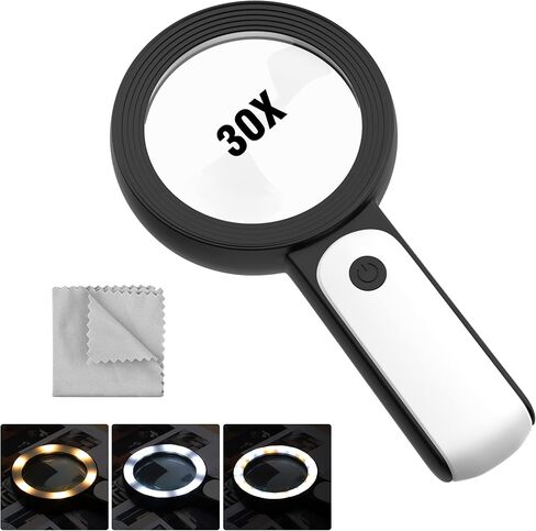 MoKo Magnifying Glass with Light, 30X Handheld Large Magnifying Glass 18LED 3 Modes Illuminated Lighted Magnifier for Elderly Kids Reading, Magazines, Coin, Jewelry, Exploring Inspection, Black in Kuwait