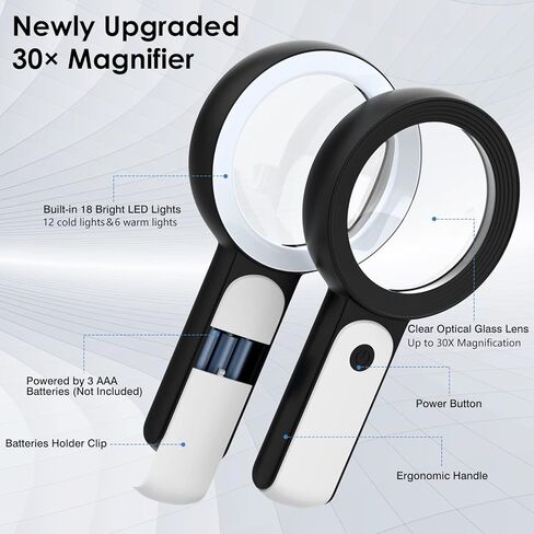 MoKo Magnifying Glass with Light, 30X Handheld Large Magnifying Glass 18LED 3 Modes Illuminated Lighted Magnifier for Elderly Kids Reading, Magazines, Coin, Jewelry, Exploring Inspection, Black in Kuwait
