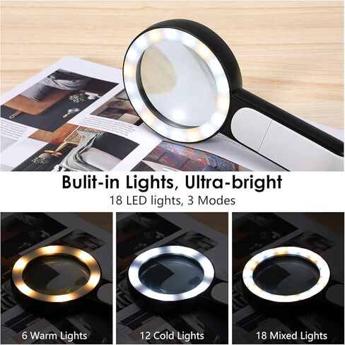 MoKo Magnifying Glass with Light, 30X Handheld Large Magnifying Glass 18LED 3 Modes Illuminated Lighted Magnifier for Elderly Kids Reading, Magazines, Coin, Jewelry, Exploring Inspection, Black in Kuwait