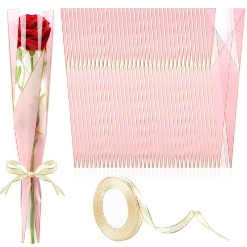 Mauproy 100 Pack Single Rose Sleeves, Plastic Flower Bags Waterproof Single Flower Packaging Bags with Ribbons for Graduation, Flower Bars, Florist Supplies (White) in Saudi Arabia