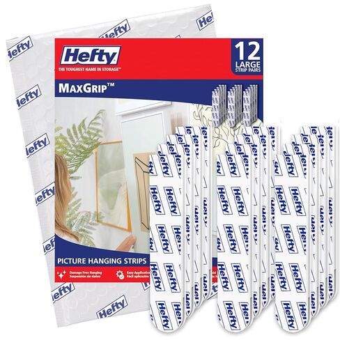 Hefty Picture Hanging Kit - 12 Large Pairs, Holds Up to 16 Lbs | Picture Hangers & Kit for Home Decor - Picture Hanging Hardware for Superior Adhesion on Frames, No Nails in Kuwait