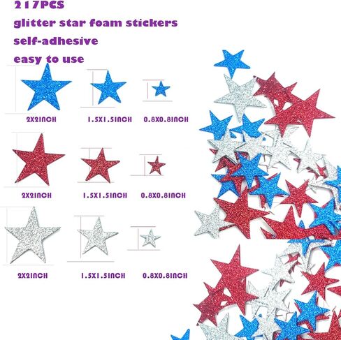 217Pcs Glitter Patriotic Star Stickers ， Shiny Metallic American Flag Stars for Independence Day Decor, Teacher Rewards, Bulletin Board, Patriotic Party Supplies (Red White Blue Silver) in Saudi Arabia
