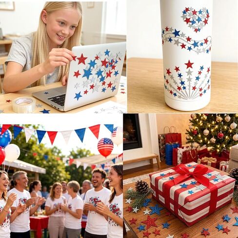 217Pcs Glitter Patriotic Star Stickers ， Shiny Metallic American Flag Stars for Independence Day Decor, Teacher Rewards, Bulletin Board, Patriotic Party Supplies (Red White Blue Silver) in Saudi Arabia