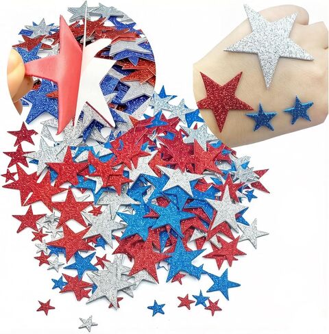 217Pcs Glitter Patriotic Star Stickers ， Shiny Metallic American Flag Stars for Independence Day Decor, Teacher Rewards, Bulletin Board, Patriotic Party Supplies (Red White Blue Silver) in Saudi Arabia