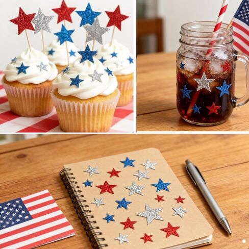 217Pcs Glitter Patriotic Star Stickers ， Shiny Metallic American Flag Stars for Independence Day Decor, Teacher Rewards, Bulletin Board, Patriotic Party Supplies (Red White Blue Silver) in Saudi Arabia
