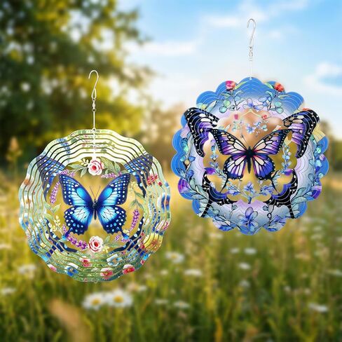 Sliner 2 Pack Butterfly Wind Spinners Outdoor, 10 Inch 3D Stainless Steel Hanging Wind Sculptures for Garden, Patio, Yard Decor, Birthday Gifts for Women Mom in Kuwait