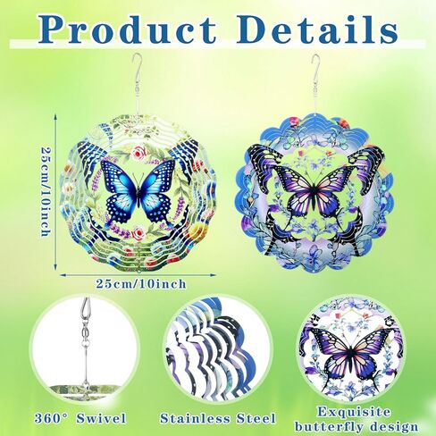 Sliner 2 Pack Butterfly Wind Spinners Outdoor, 10 Inch 3D Stainless Steel Hanging Wind Sculptures for Garden, Patio, Yard Decor, Birthday Gifts for Women Mom in Kuwait