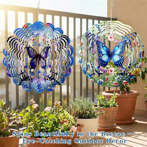 Sliner 2 Pack Butterfly Wind Spinners Outdoor, 10 Inch 3D Stainless Steel Hanging Wind Sculptures for Garden, Patio, Yard Decor, Birthday Gifts for Women Mom in Kuwait