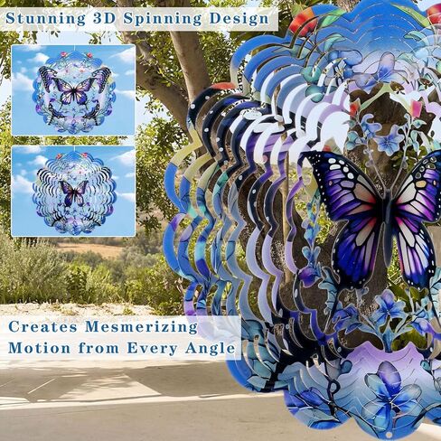 Sliner 2 Pack Butterfly Wind Spinners Outdoor, 10 Inch 3D Stainless Steel Hanging Wind Sculptures for Garden, Patio, Yard Decor, Birthday Gifts for Women Mom in Kuwait